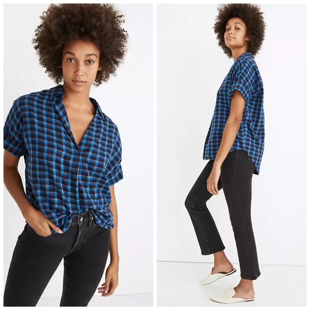 Madewell | Double Faced Park Popover Shirt Plaid Blue Small